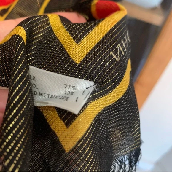 Vintage 80s St John Knit Scarf Print Square Red Black Gold Square - Picture 4 of 5